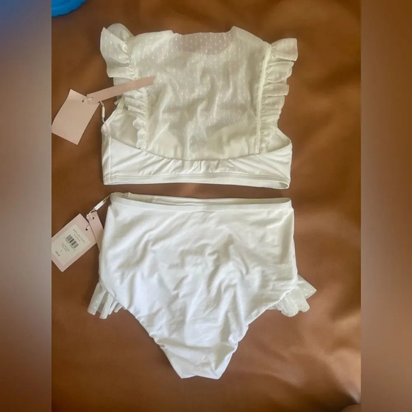 NWT AVEC LES FILLES Mesh Ruffle White Bikini Set sz L white polkadot mesh - Picture 13 of 14